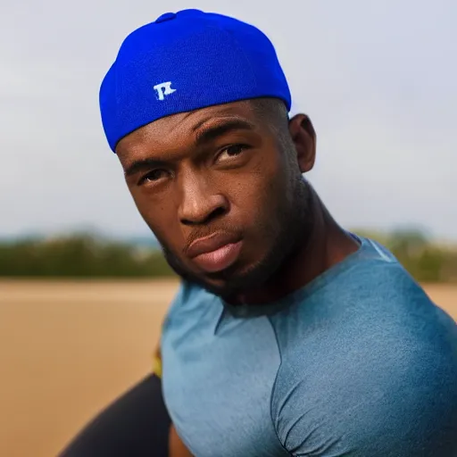Image similar to heroic pose of an athletic man wearing a blue cap with a P on it
