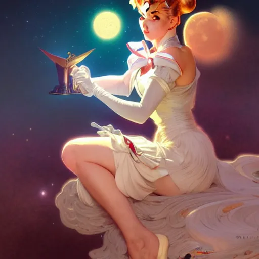 Image similar to of Sailor Moon, dark fantasy, medium shot, intricate, elegant, highly detailed, digital painting, volumetric light, artstation, concept art, smooth, sharp focus, illustration, art by Gil Elvgren and Greg Rutkowski and Alphonse Mucha