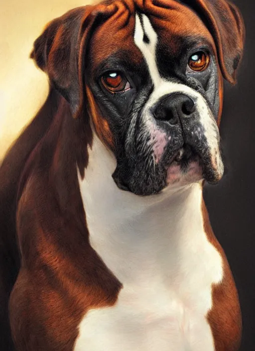 Prompt: formal portrait of boxer dog, digital art by eugene de blaas, ross tran, and nasreddine dinet, vibrant color scheme, intricately detailed, in the style of romanticism, cinematic, artstation, greg rutkowski