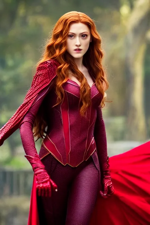 Prompt: Still of Katherine McNamara as the Scarlet Witch, gorgeous, sexy, detailed face, full body shot, Ultra HD, TV, Fiction