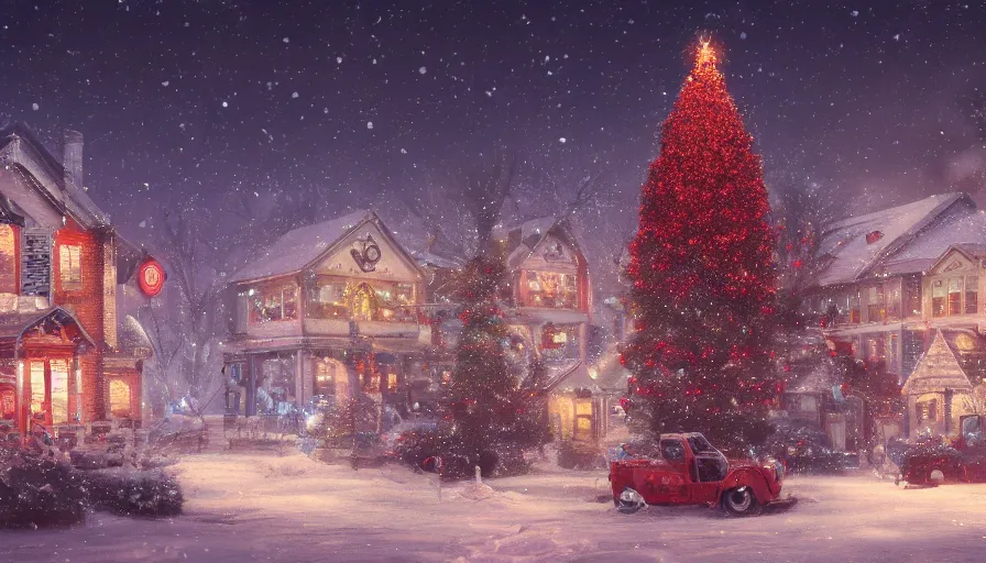 Image similar to midwest town, winter, snow, christmas lights, christmas tree, hyperdetailed, artstation, cgsociety, 8 k