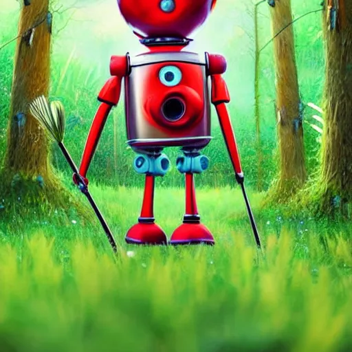Prompt: cute robot with grass hair, tomato hat and a walking stick, trekking in a forest, pixar style