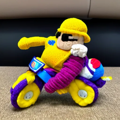 Image similar to a yarn plush doll of wario riding a yoshi