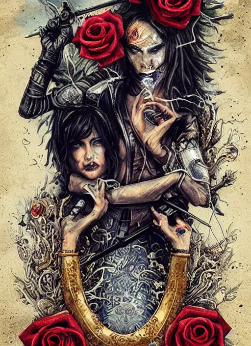 Image similar to tarot card :: horror :: hearts and roses :: aliens and sea :: cigarettes and smoke :: gold and silver :: guns and swords :: highly details :: intricate details :: Sandra Chevrier and bastien lecouffe deharme