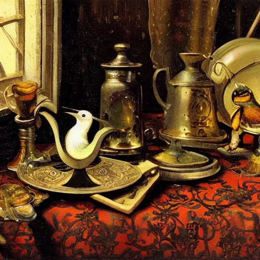 Prompt: small birds and machine parts on a table with an ornate patterned tablecloth, beautiful still life painting by lucien levy - dhurmer, moody lighting, side light