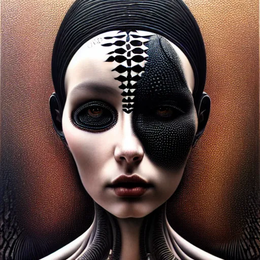 Image similar to ultra realist intricate painting of gothic female alien, curvy, black scales on face and cyborg tech, dystopian surrealism, symmetry accurate features, very intricate details, focus, high resolution, 4k, photo realistic, artstyle Alex Ries and Zdzisław Beksiński, award winning