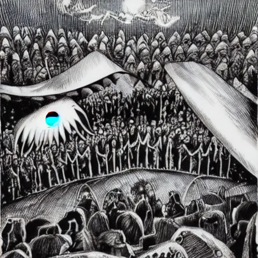 Image similar to Jaws dropped. Heads turned. Eyes widened in surprise as shady eight-eyed men squelched through the crowd and disappeared up into the sky, their faces hidden by masks. The tent is full of people, all staring at the sky above them and waiting for more to come flying out.