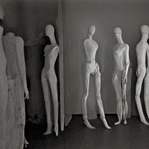 Prompt: cursed Photograph of an old black room full of mannequins, dust in the air, brown wood cabinets, SCP, taken using a film camera with 35mm expired film, bright camera flash enabled, award winning photograph, sleep paralysis demon crabwalking towards camera, creepy, liminal space, in the style of the movie Pulse, heavy film grain and scratches