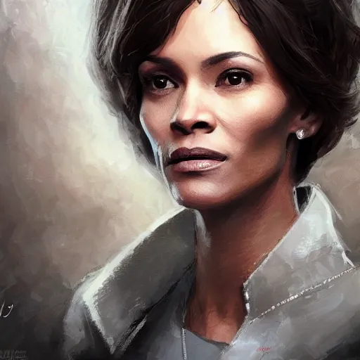 Image similar to maci holloway in a political meeting, first woman elected as president in usa, cold but beautiful, about 3 5 years old, highly detailed, mix of halle berry and julia roberts, gong li, olga kurylenko, artstation hd, deviantart, by artgem, greg rutkowski