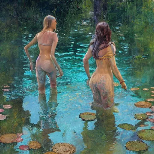Prompt: women coming out of pond, by jon foster
