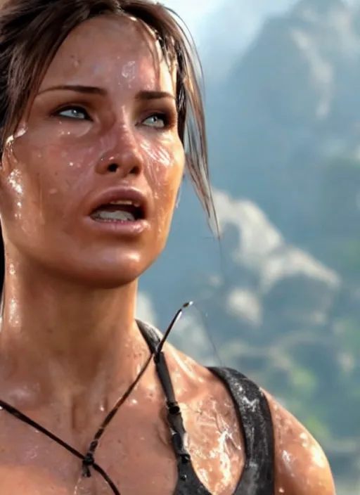 Prompt: an film still of lara croft face getting sweat because of the sun heat, she looks thirsty