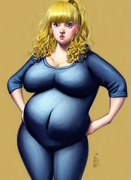 Image similar to full body portrait, teenage betty cooper, blonde hair, obese, bangs, ponytail, sultry, realistic, sultry smirk, fluffy bangs, curly bangs, fat, belly, beautiful girl, intricate, elegant, highly detailed, digital painting, artstation, concept art, smooth, sharp focus, illustration, art by wlop, mars ravelo and greg rutkowski