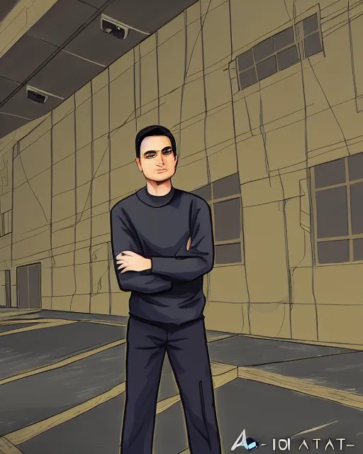 Image similar to Digital state-sponsored anime art of Ben Shapiro by A-1 studios, serious expression, empty warehouse background, highly detailed, spotlight