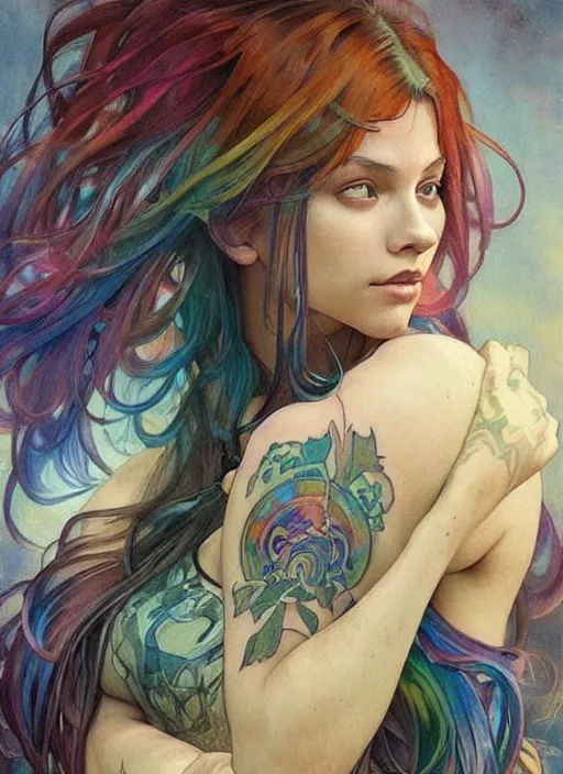 Image similar to a young woman with beautiful rainbow hair and lots of tattoos on her arms and chest. beautiful painting by artgerm and greg rutkowski and alphonse mucha