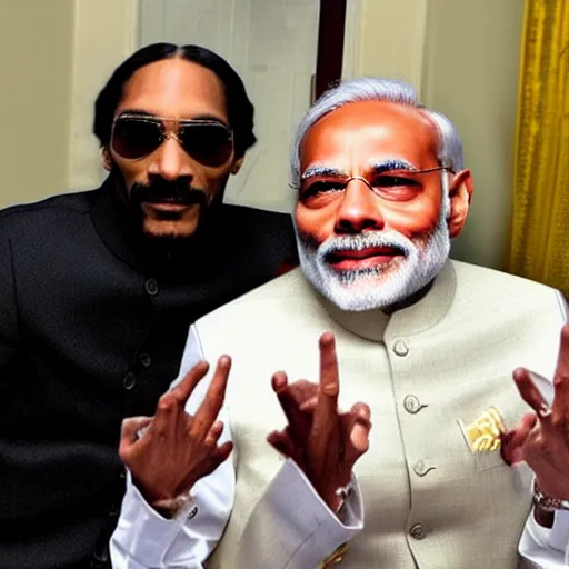 Image similar to narendra modi smoking with snoop dogg in a well lit room, nice vibe