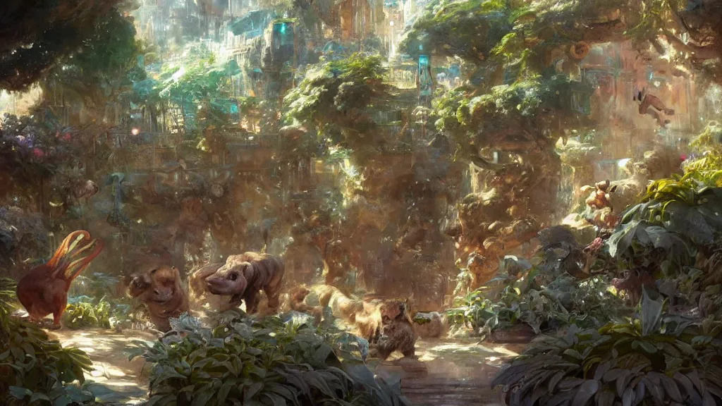 Prompt: cages in the zoo with many cute cartoon surrealistic sci fi animals inside, sharp face focus, finely detailed features, full body mid shot, perfect art, trending on pixiv fanbox, painted by gaston bussiere, makoto shinkai, akihiko yoshida, gaston bussiere, craig mullins, unreal 6 render