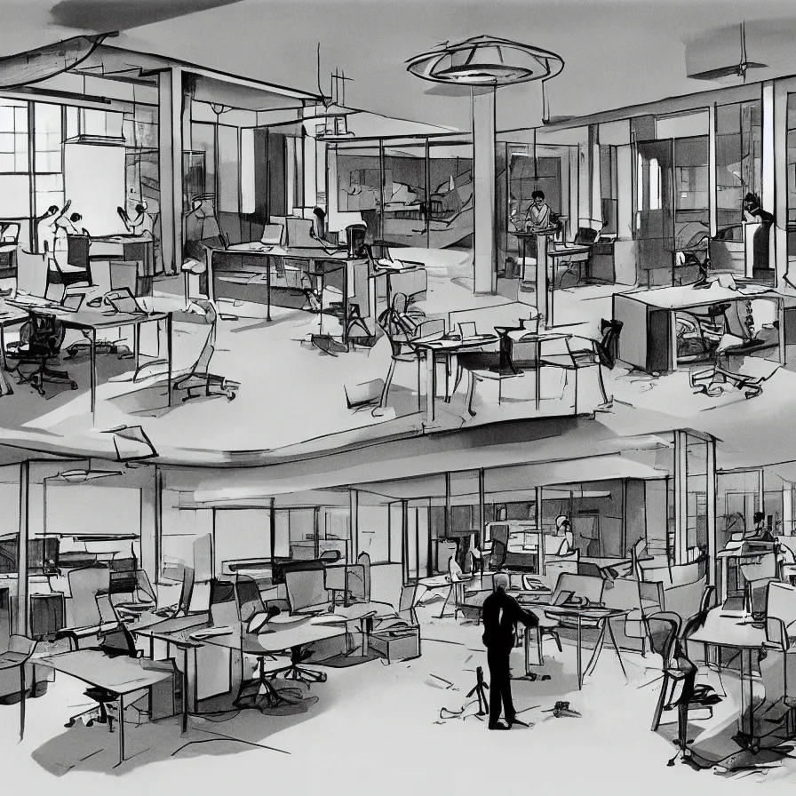 Image similar to concept art of severance indoor office scenario, in a film of jacques tati