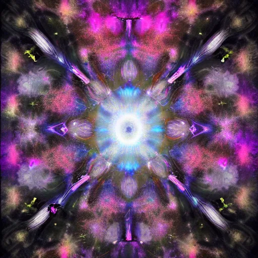 Image similar to a painting of a black portal!! in outer space, surrounded by fractals!, galaxies, and clouds!! of kaleidoscopic colors, trending on art station