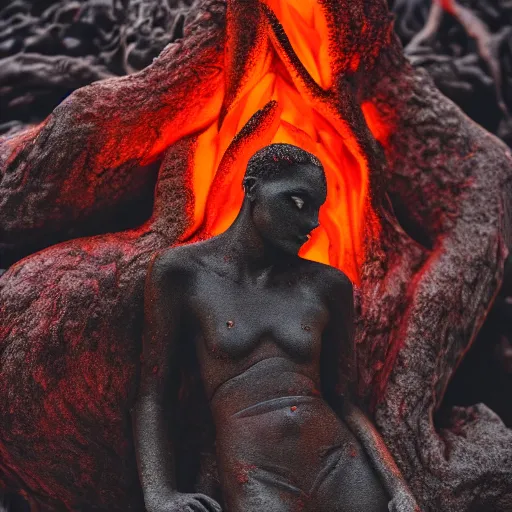 Image similar to beautiful lava human figure, exotic trees, bare bark, dark eyes, low angle mist, high octane, frostbite, 8 k, cinematic, 3 5 mm