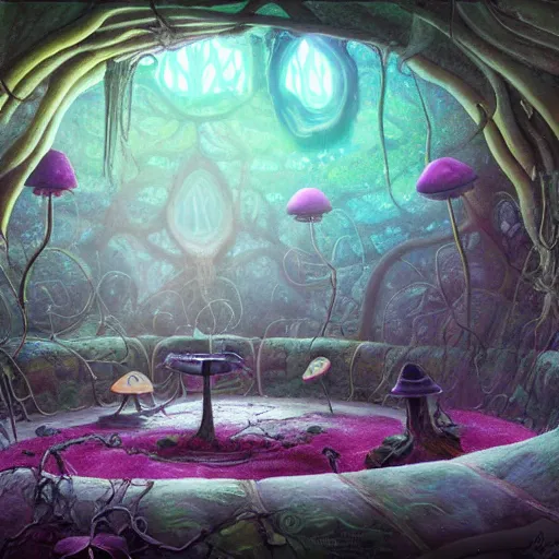 Prompt: concept art painting of a interior of a fungal circular alien fantasy fairytale house made of mushrooms, with black vines, realistic, detailed, cel shaded, magenta and gray, dark, in the style of makoto shinkai and greg rutkowski and james gurney