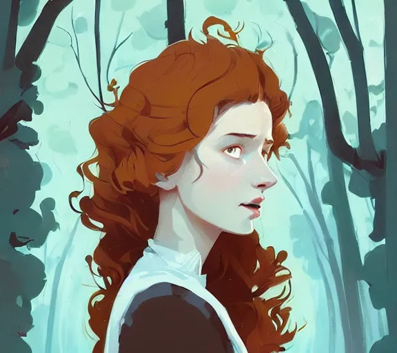 Image similar to portrait woman with long ginger curly hair in the woods, by atey ghailan, by greg rutkowski, by greg tocchini, by james gilleard, by joe fenton, by kaethe butcher, by ashley wood, dynamic lighting, gradient light blue, brown, blonde cream and white color scheme, grunge aesthetic