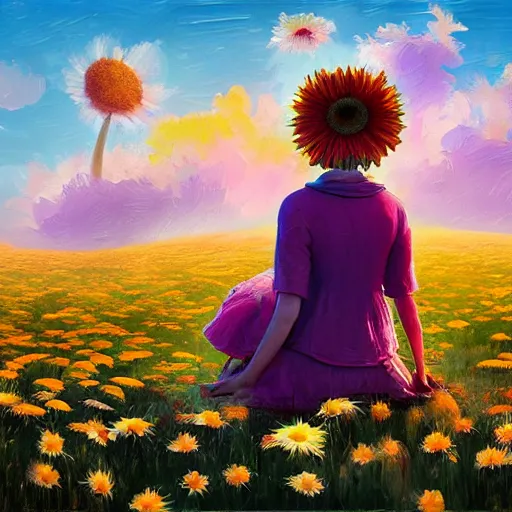 Image similar to giant daisy flower as head, girl sitting in a flower field, surreal photography, sunrise, dramatic light, impressionist painting, colorful clouds, digital painting, artstation, simon stalenhag