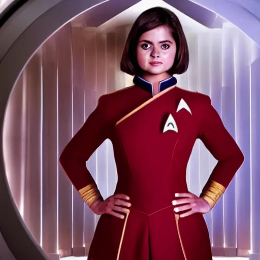 Prompt: a beautiful full body photograph of younger jenna coleman as a star fleet science officer from star trek next generation, full dress uniform, symmetrical face, extreme realism and detail, 8 k, completely framed, direct lighting, 3 5 mm photo, photorealistic, sharp focus