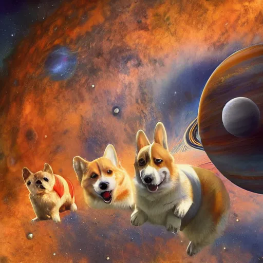 Image similar to all of the planets revolving around a giant Corgi, beautiful, oil on canvas, intricate, 8k highly professionally detailed, HDR, CGsociety