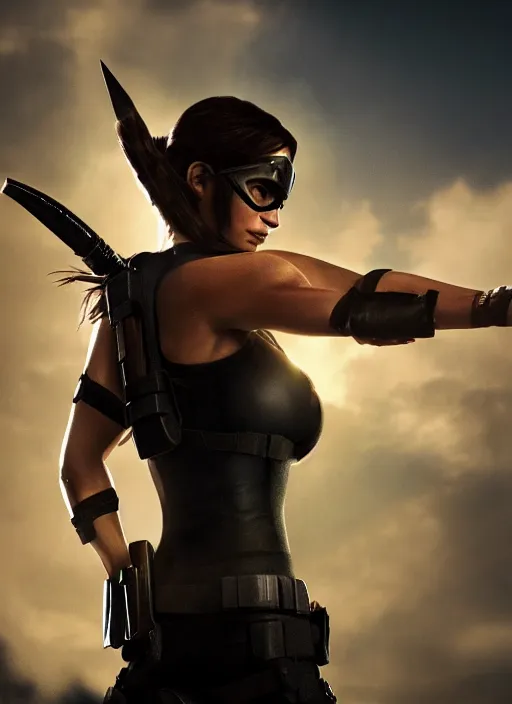 Image similar to a film still of lara croft as batgirl, her sweat, sun light, close up potrait, cinematic,