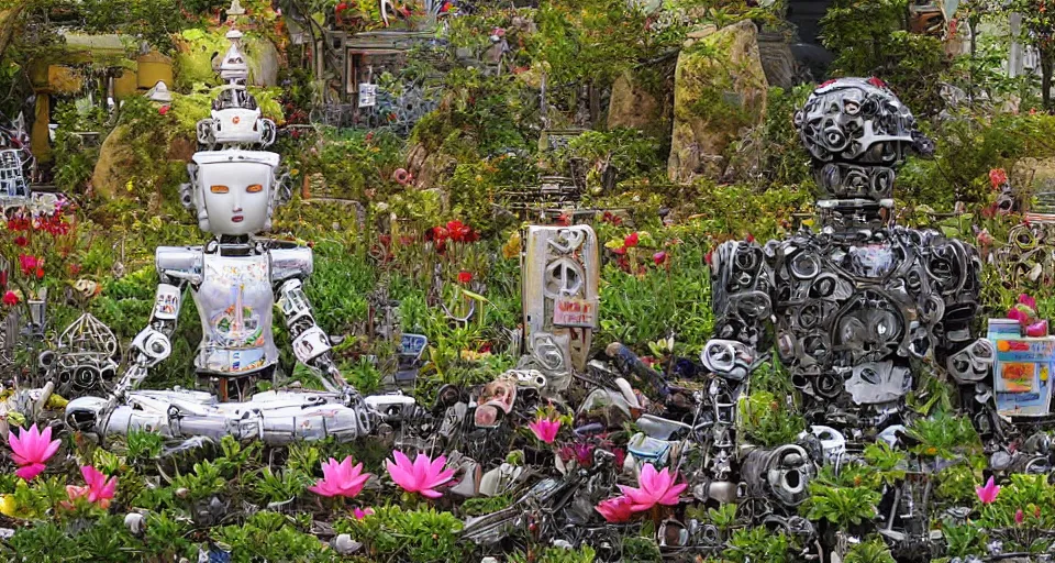 Image similar to a 1 0 0 0 armed quan yin robot sitting in prayer in the lotus garden made from scrap parts from a futuristic junkyard, digital art h 9 6 0