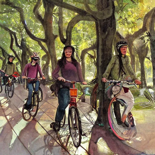 Prompt: friends ride their bikes through a colonnade of trees, by jon foster