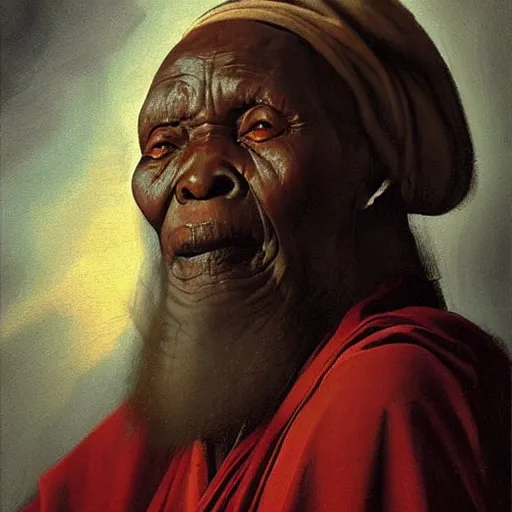 Image similar to a painting of a wise elder from Kenya by Leonardo da Vinci . dramatic angle, ethereal lights, details, smooth, sharp focus, illustration, realistic, cinematic, artstation, award winning, rgb , unreal engine, octane render, cinematic light, macro, depth of field, blur, red light and clouds from the back, highly detailed epic cinematic concept art CG render made in Maya, Blender and Photoshop, octane render, excellent composition, dynamic dramatic cinematic lighting, aesthetic, very inspirational, arthouse.