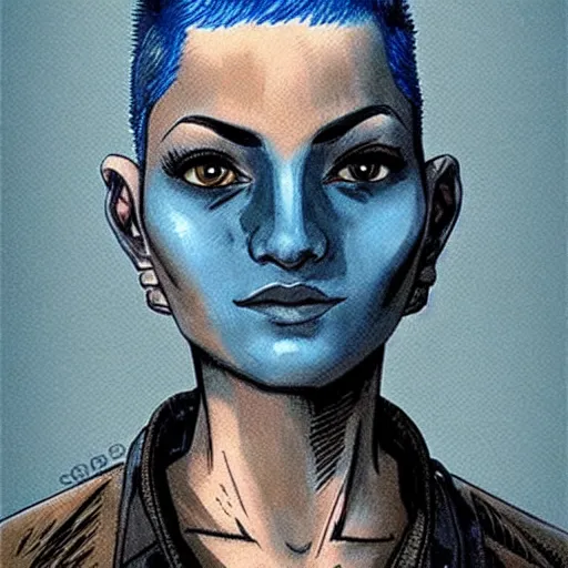 Prompt: intricate portrait, pure skin, short blue hair, in the style of enki bilal!