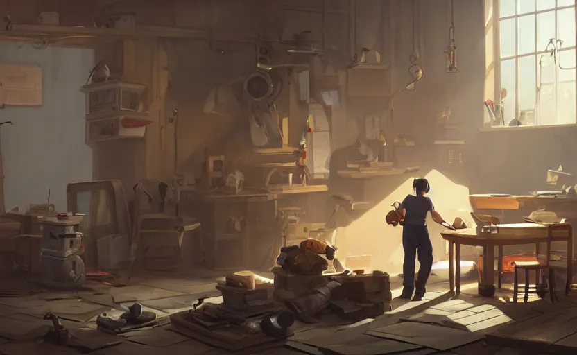 Image similar to a wholesome animation key shot of a carpenter fixing a broken robot that is on top of a table, medium shot, waist up, studio ghibli, pixar and disney animation, sharp, rendered in unreal engine 5, anime key art by greg rutkowski, bloom, dramatic lighting