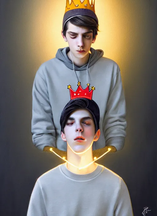 Image similar to portrait of teenage jughead jones wearing a light grey crown, photorealistic, crown, sweater with letter s on it, hamburger, eyes closed, crown, black hair, intricate, elegant, glowing lights, highly detailed, digital painting, artstation, concept art, smooth, sharp focus, illustration, art by wlop, mars ravelo and greg rutkowski