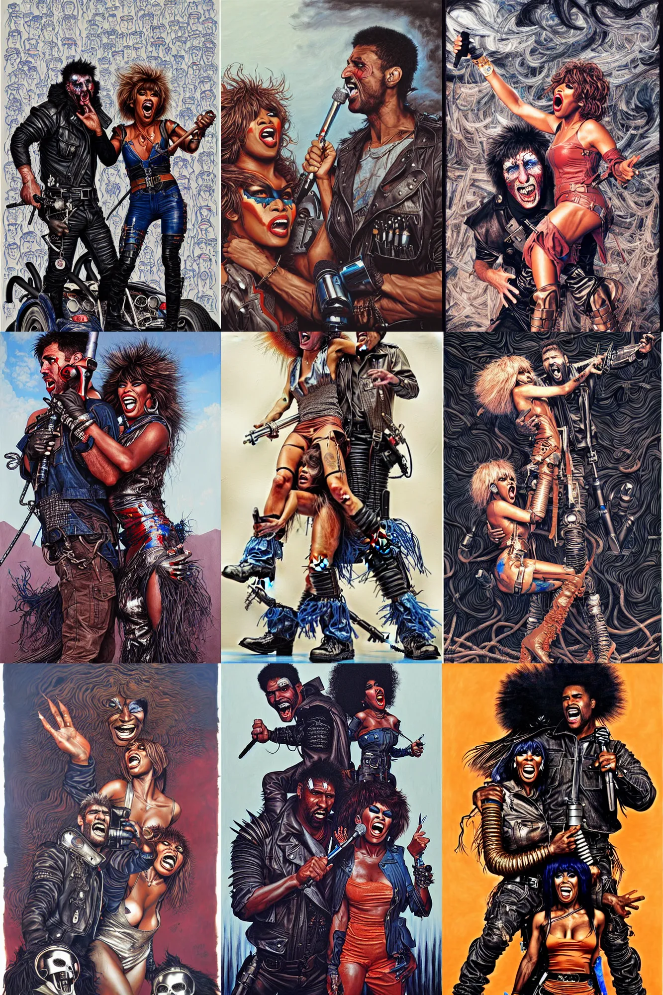Prompt: mad max and tina turner singing we don't need another hero, painting by james jean, very detailed and vivid, both having a lot of fun, very thunderdome