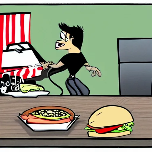 Prompt: tom cruise eating a sandwich, cartoon like, in the style of Jamie Hewlett