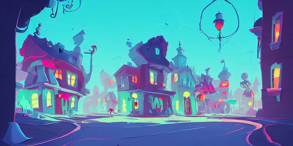 Image similar to curved perspective digital art of a summer small town street from nightmare before christmas by anton fadeev