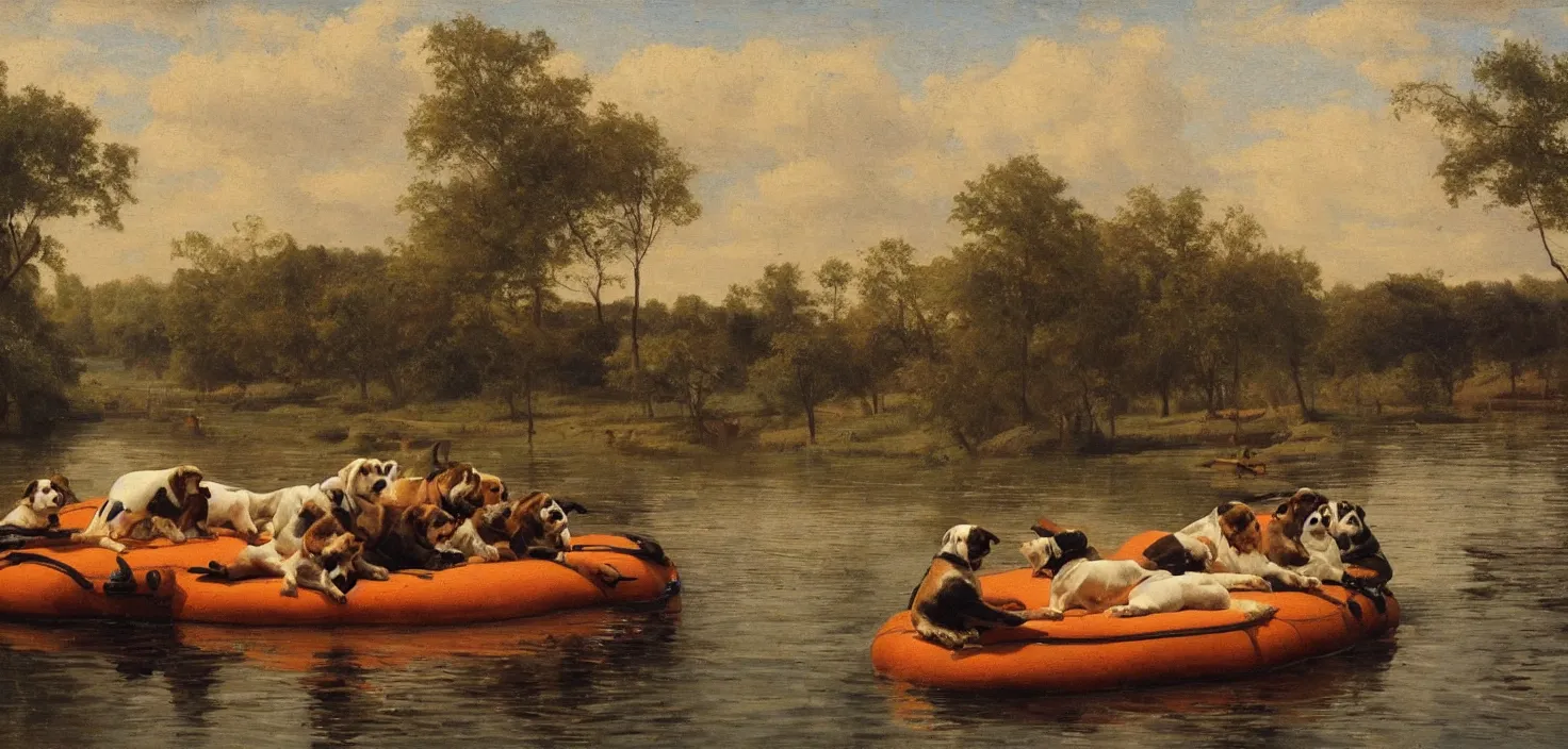 Image similar to mechanical dogs floating on a raft down a river, Hudson River school