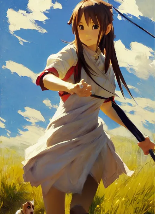 Prompt: Greg Manchess painting of Asuna Yuuki from SAO in casual wear out playing with the dogs, countryside, fantasy character portrait, dynamic pose, above view, sunny day, thunder clouds in the sky, artwork by Jeremy Lipkin and Giuseppe Dangelico Pino and Michael Garmash and Rob Rey, very coherent asymmetrical artwork, sharp edges, perfect face, simple form, wacky, 100mm