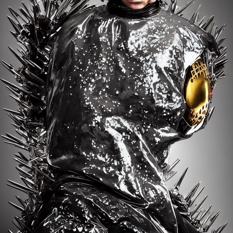 Image similar to vogue portrait octane render portrait by wayne barlow and carlo crivelli and glenn fabry, a man wearing a shiny black latex punk rock hazmat suit covered in band decals and metal spikes, dramatic lighting, fog and mist, cinema 4 d, ray traced lighting, very short depth of field, bokeh