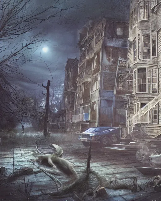 Image similar to concept illustration from the'0 0 s supernatural thriller'old as the water ', a high quality high detail painting by david mattingly and samuel araya and tony diterlizzi, hd 4 k 8 k, realistic hyperdetailed scene painting, photorealistic lighting, urban horror aesthetic, composition and scene layout inspired by gregory crewdson and brendon burton.