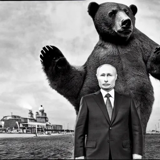 Image similar to putin on a bear, fish eye, atomic bomb in background