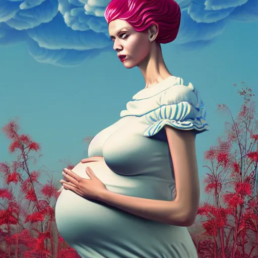 Image similar to pretty pregnant model with clouds : : by martine johanna and simon stalenhag and chie yoshii and casey weldon and wlop : : ornate, dynamic, particulate, rich colors, intricate, elegant, highly detailed, vogue, harper's bazaar art, fashion magazine, smooth, sharp focus, 8 k, octane render