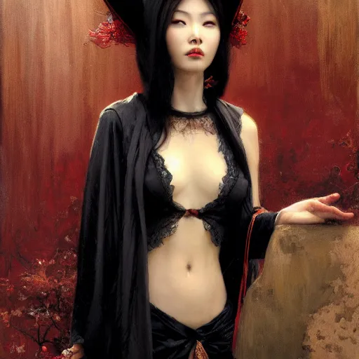 Image similar to detailed cinematic wide shot of beautiful attractive hoyeon jung asian vampire woman wearing black bath robe slim face symettrical face clean skin black eyes black robe smooth, sharp focus, ultra realistic, spring light, painting by gaston bussiere, craig mullins, j. c. leyendecker