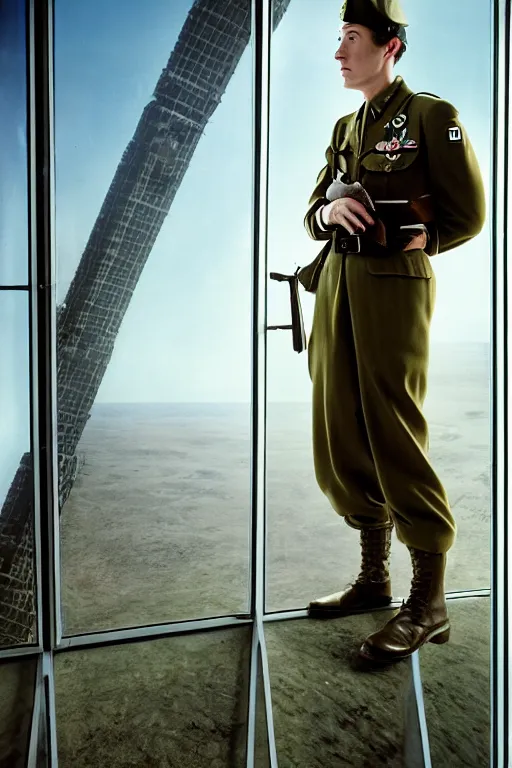 Image similar to kodak portra 5 0 mm f 4 full body portrait photography of a wwii airborne infantry soldier who's a mix of gillian anderson and adam driver, looking exhausted, setting is inside a sci fi megastructure tower looking out a window, photo by erwin olaf