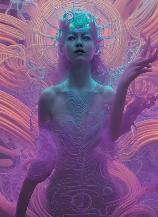 Image similar to subsurface scattering, medusa made of soft wax, cgsociety, translucent, wooden art nouveau swirls, colored smoke, gold cables, neurons, nuclear, in the style of ruan jia and beeple and giger, mystical colors, back light, rim light, dramatic lighting, 8 k, stunning scene, raytracing, octane render