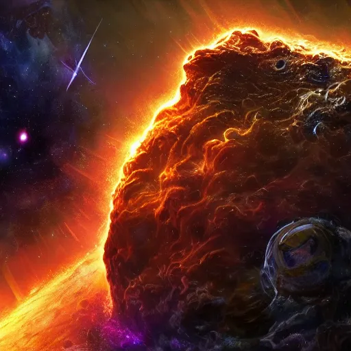 Prompt: one eldritch garfield in space, galaxy, hd, 8 k, explosions, gunfire, lasers, giant, epic, realistic photo, unreal engine, stars, prophecy, powerful, cinematic lighting, destroyed planet, debris, movie poster, violent, sinister, ray tracing, dynamic, print, epic composition, dark, lasagna, horrific