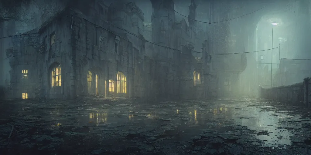 Prompt: beautiful render of abandoned caastle, by lee madgwick and hubert robert, puddles of water, blade runner style, neon glow, vivid color, moody lighting, unreal engine, foggy