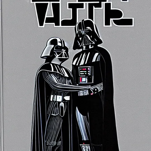 Prompt: a romance novel cover from 1 9 8 3, paperback, drawing, trump and darth vader on the cover, romantic